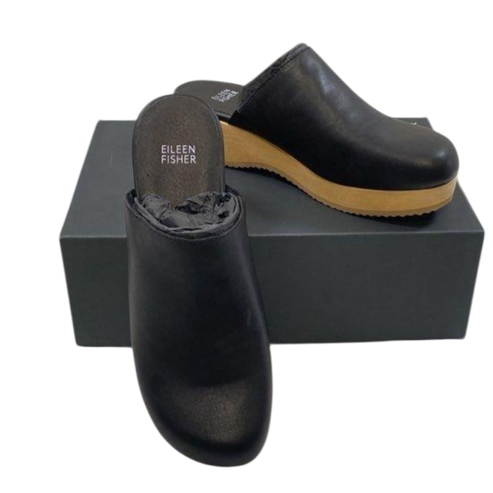 NIB Eileen Fisher Black Leather y2k 90s Slip on Cottagecore Mules 8